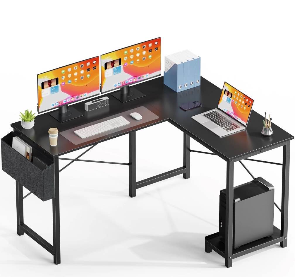 concetta 49 inch modern l shaped computer desk with lower storage shelf & side bag, two-way convertible corner gaming table for home office, black