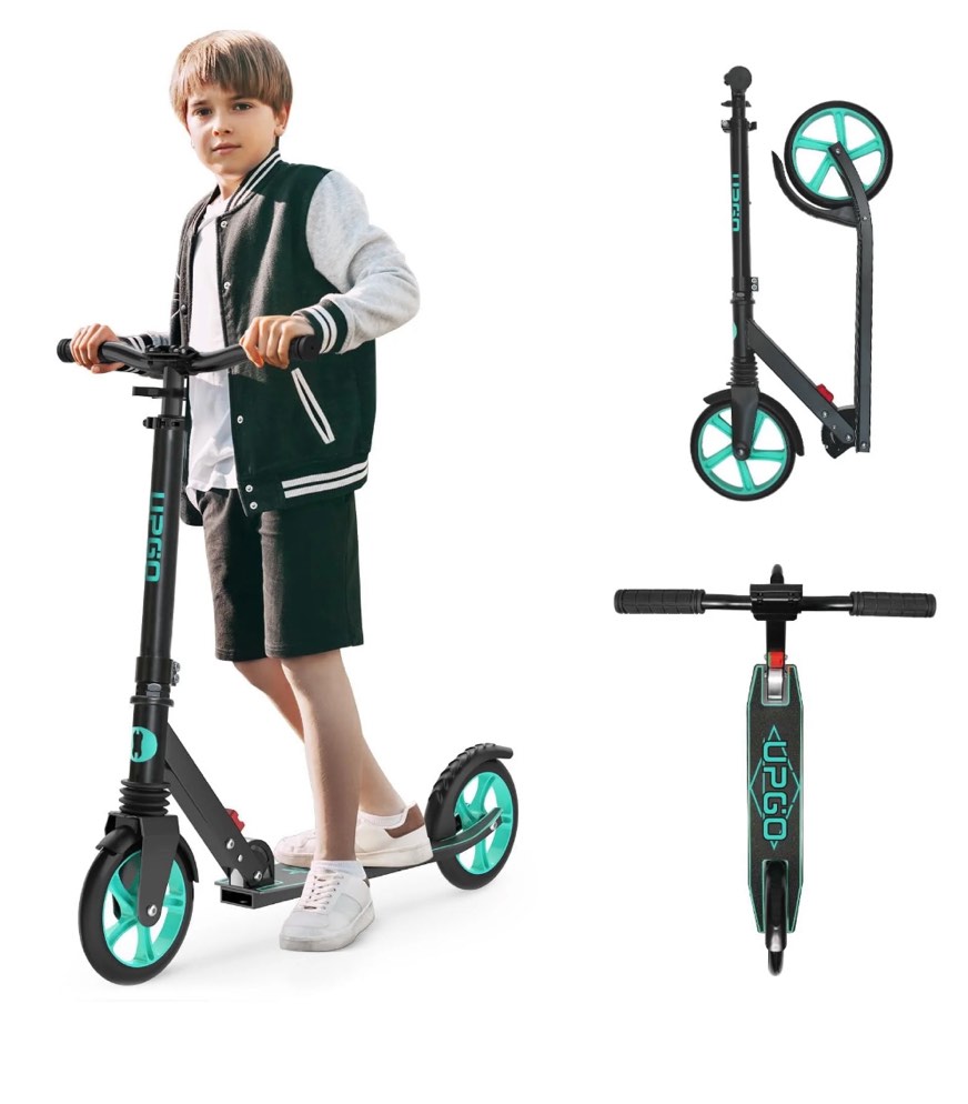 upgo kick scooter for teens, kids & adults, max 240 lbs, foldable, 8-inch wheels, 4 adjustable levels, aqua