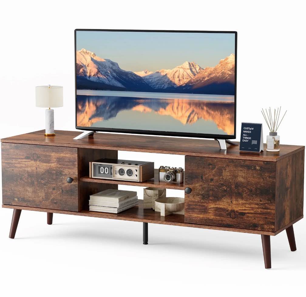 edx modern tv stand for 55-60 inch tv, mid century entertainment centre, media console table with storage for living room, office, brown