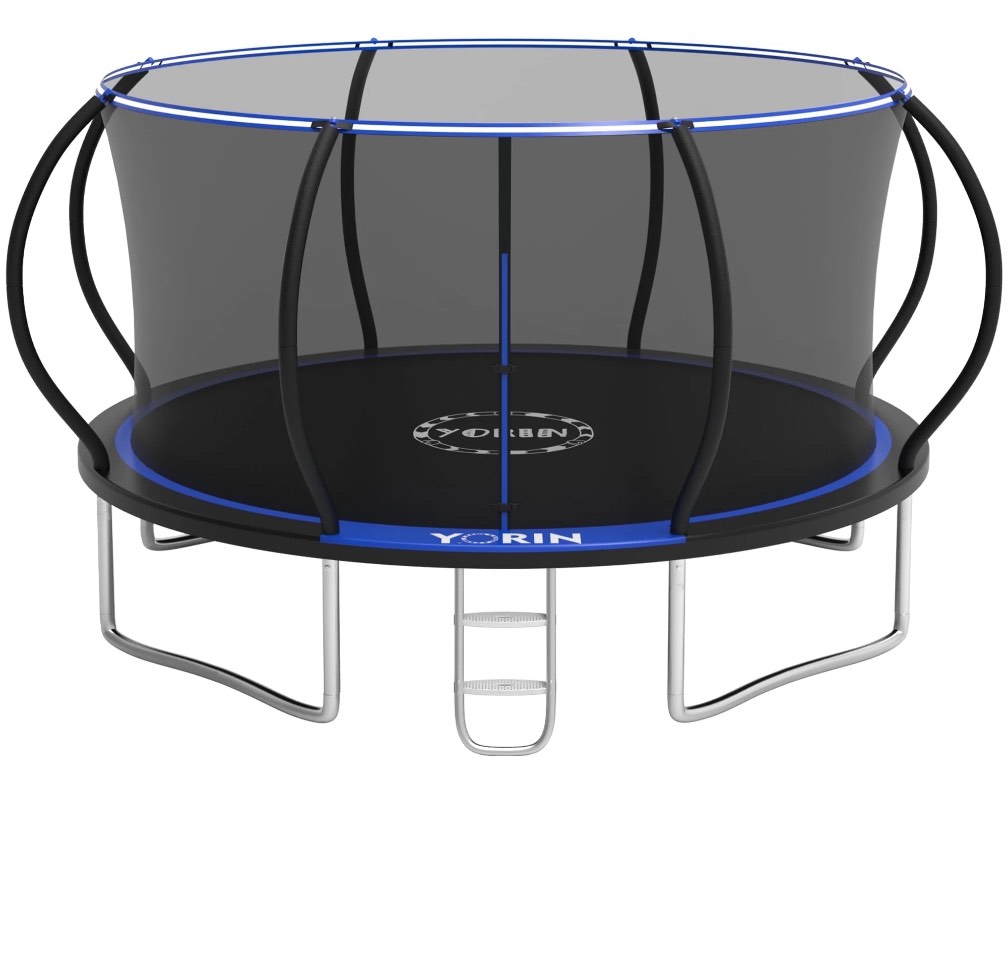 yorin trampoline, 12ft trampoline with enclosure net, 1200lbs trampoline for 4-5 kids adults, outdoor trampoline with ladder, anti-rust backyard heavy duty pumpkin round trampoline