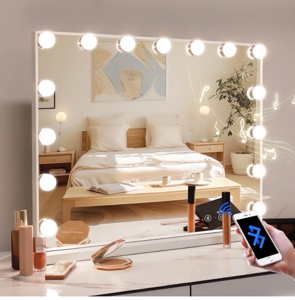 fenchilin 23  x18   vanity mirror with lights bluetooth tabletop wall mount metal white