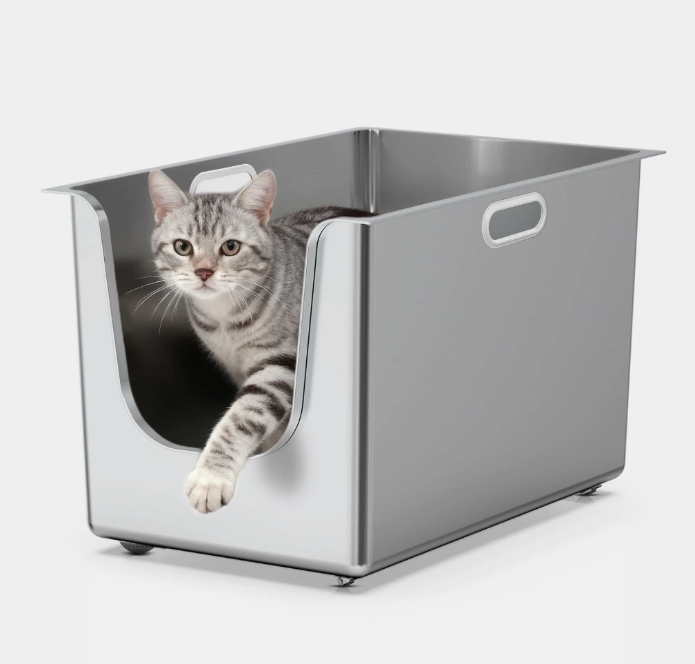 ptlom stainless steel litter box 11.8“ high sides anti-splashing for large cats seamless leak proof metal litter box