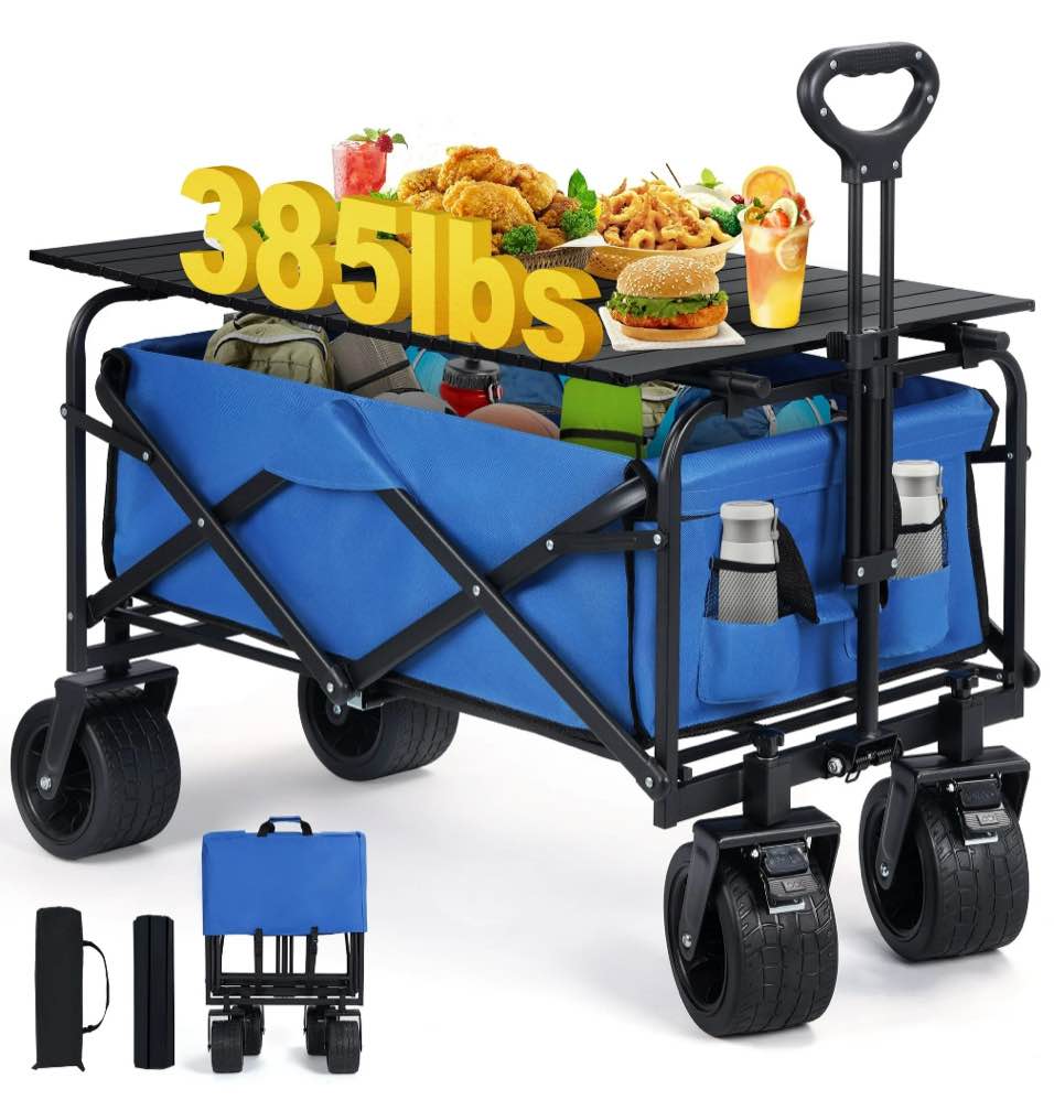 Firstness Collapsible Wagon Cart with Tabletop, 385 lbs Heavy Duty Utility Garden Wagon for Camping, Beach, Picnic, Sports, Shopping & Grocery, Blue