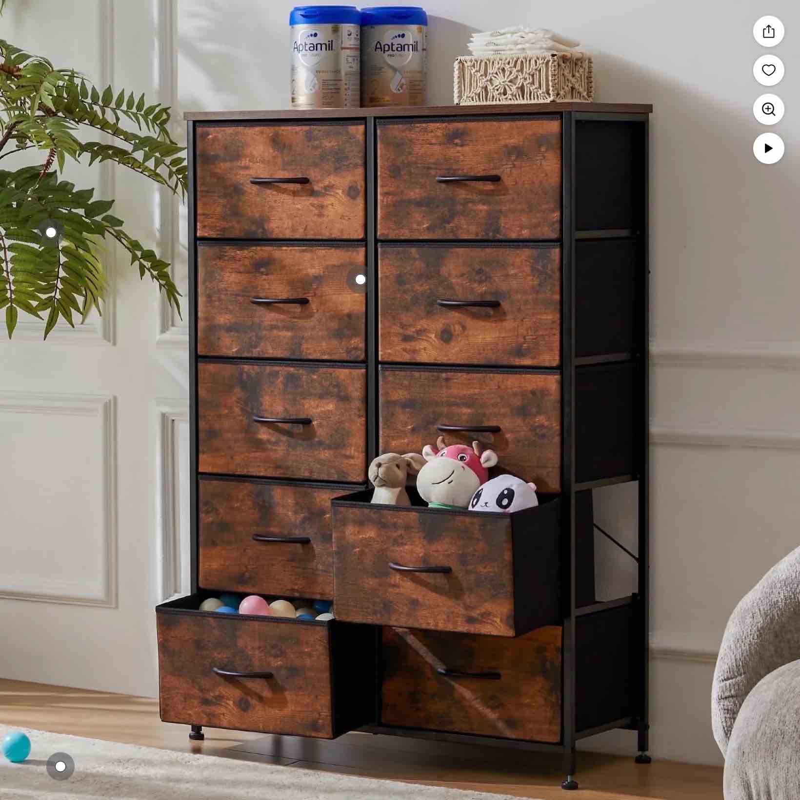 ZUNMOS 10 Drawer Fabric Dresser for Bedroom, Chest of Drawer Organizer Storage Cabinet for Closet, Entryway, Rust Brown