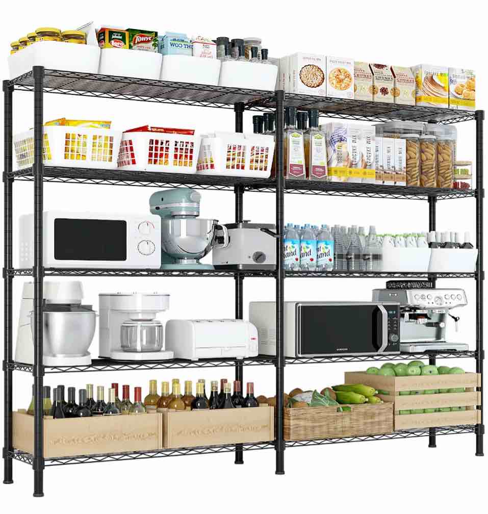 Ktaxon 1500LBS Heavy Duty Wire Shelving, 5-Tier Extra-wide Metal Shelves, Steel Garage Storage Rack, Adjustable DIY Corner Commercial Shelving for Pantry Storage Organizer, 58"W x 13.8"D x 71"H, Black
