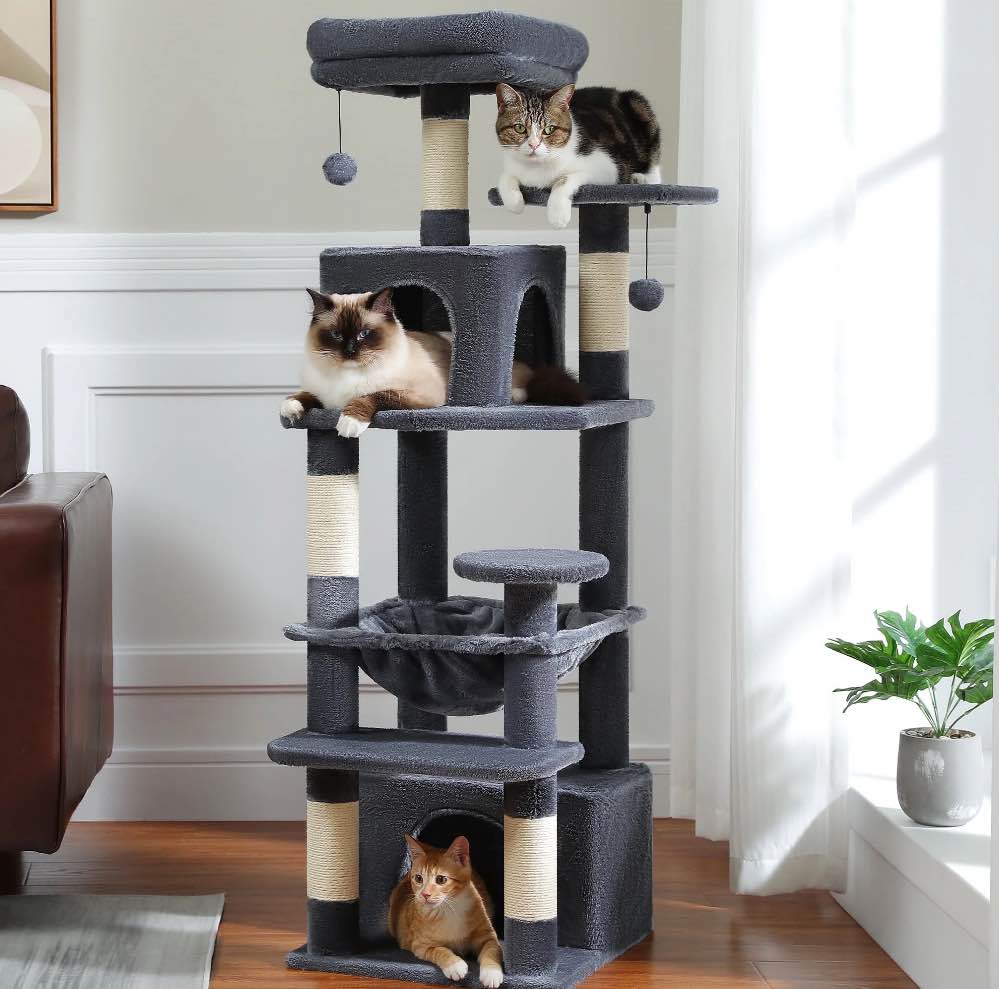 PAWZ Road Cat Tree Tower 54" Multi-Level Cat Condo with 5 Scratching Posts for indoor Cats, Dark Gray
