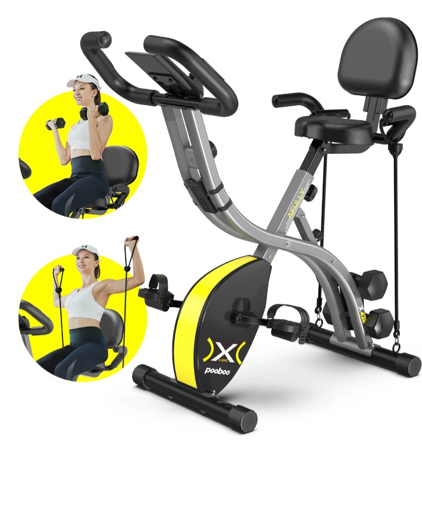 Pooboo Folding Exercise Bike Indoor Stationary Cycling Bicycle Upright Magnetic Workout Bicycle With Dumbbells and Resitance Bands Maximum Weight 300LBS