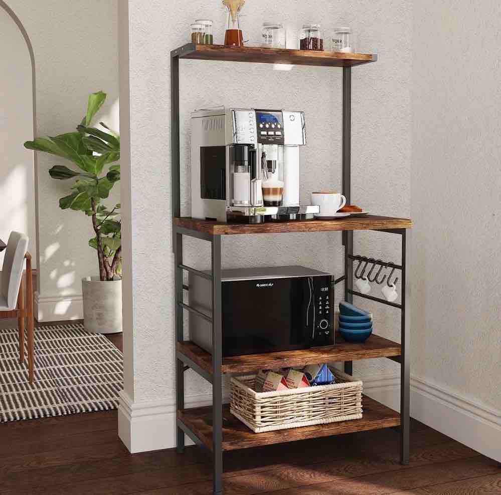Cheflaud Kitchen Baker s Rack Storage Shelf Microwave Cart Oven Stand Coffee Bar with Side Hooks 4 Tier Shelves(Rustic Brown)