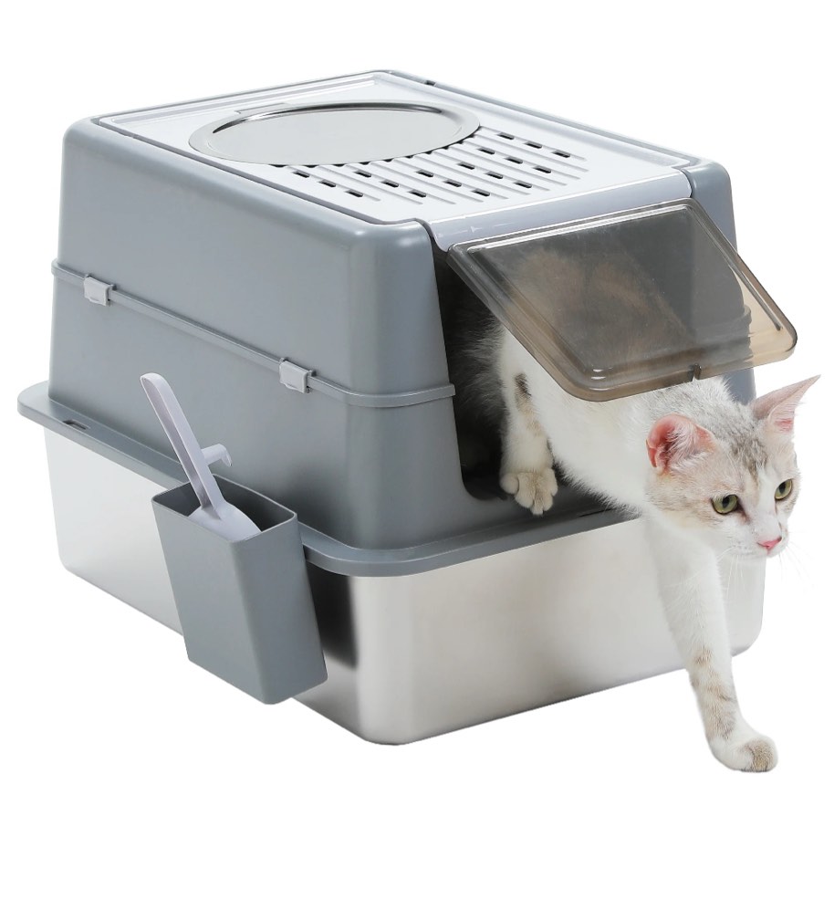 PAWZ Road 304 Stainless Steel Litter Box with Lid Large Cat Litter Box with Scoop, Enclosed, Easy Clean, Odor Control