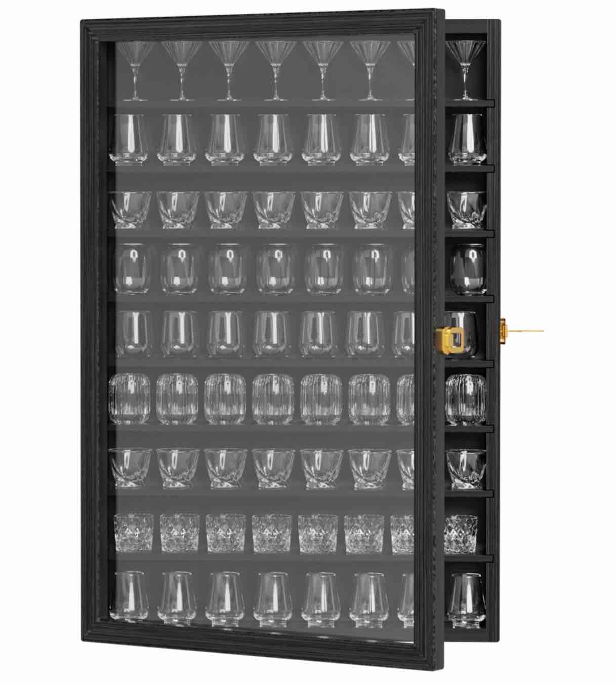 Ymokee Large Wall-Mounted Curio & Shot Glass Display Case 72 Slots with Acrylic Lockable Door & Removeable Shlves for Home, 26.85" x 17.5" x 3.35", Black