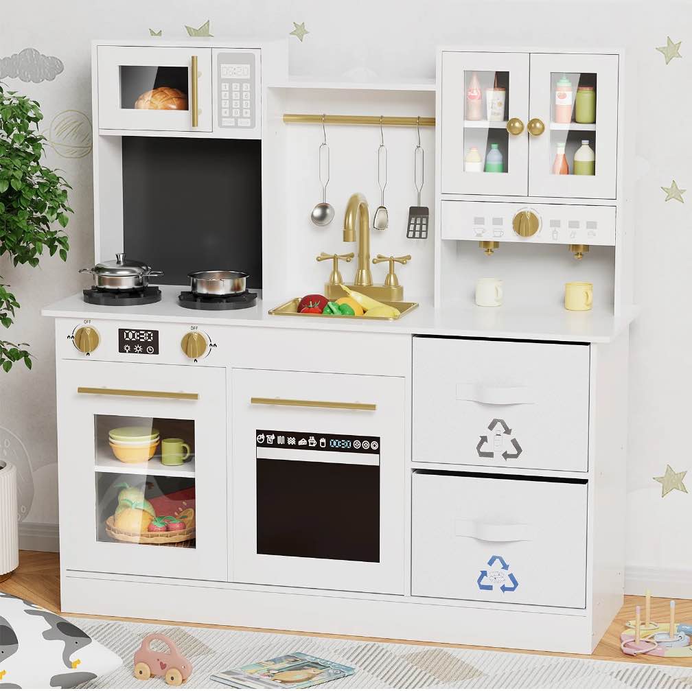 Arlopu Kids Play Kitchen, Wooden Kitchen Playset w/ Cookware Accessories, Sink, Microwave & 2 Fabric Boxs, Gifts for Age 3+, White