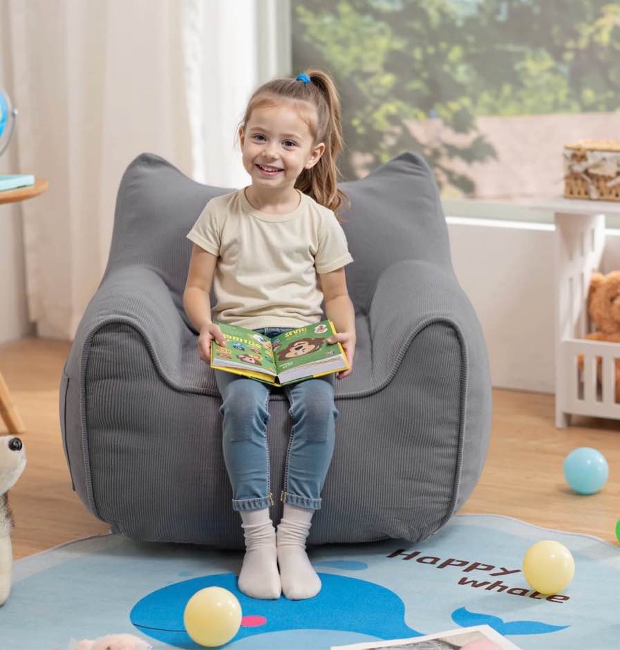 lusimo kids bean bag chair, soft memory foam bean bag sofa for bedrooms, cat-ear design toddler couch for boys, girls, lounge chairs with pocket for gaming, reading, ages 1.5-8, gray