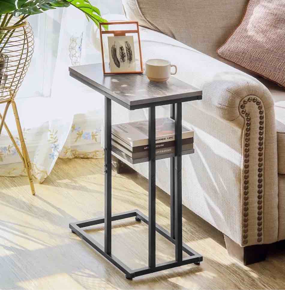 c shaped end table, side table for couch and bed, small side table for small spaces, living room, bedroom, rustic snack table