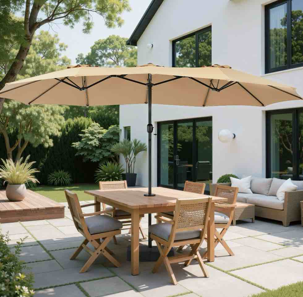 edx 15ft patio umbrellas (base included), large outdoor double-sided rectangle market umbrella with stand for poolside, lawn, and backyard, khaki
