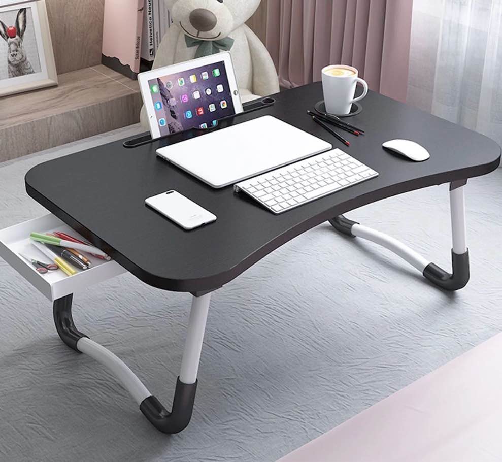 PHANCIR Foldable Lap Desk  23.6 Inch Portable Wood Laptop Desk Table Workspace Organizer Bed Tray with iPad Slots  Cup Holder and Drawer  Anti-Slip for Working Reading Writing  Eating  Watching-Black