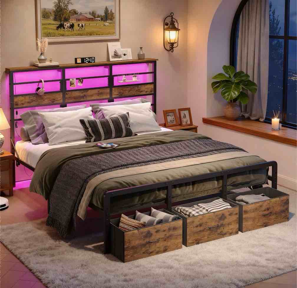 pinmoco led king bed frame with 49.2" high storage headboard and 3 drawers, adjustable base height metal platform bed with charging station, rustic
