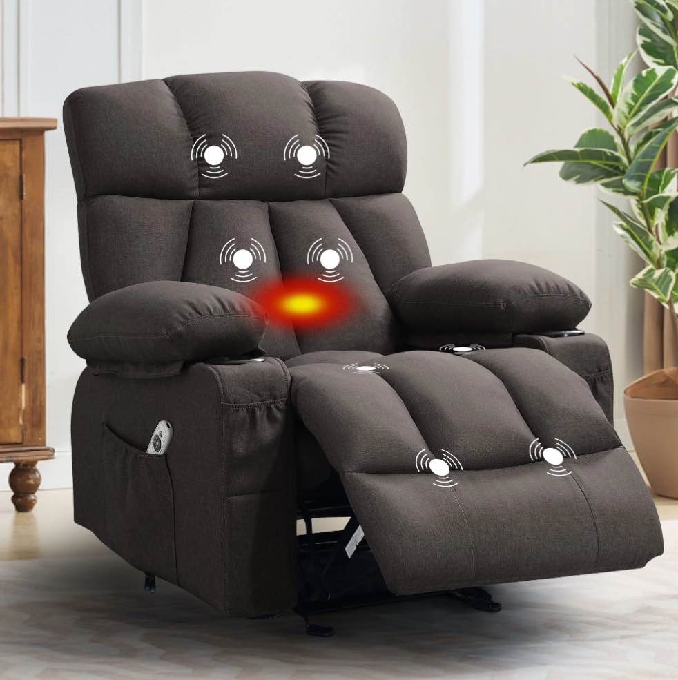 jonpony manual recliner chair with heat therapy and massage function, heavy duty reclining mechanism massage chair, elderly single rocker sofa with cup holders for bedroom home theater,black