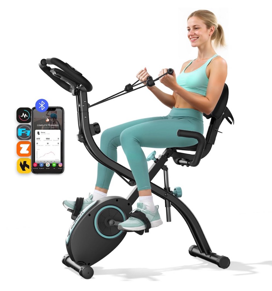 MERACH Folding Exercise Bike, 4 in 1 Magnetic Upright Bike with 16 Levels of Resistance for Home Indoor Cardio Workout Max Weight 300 lbs