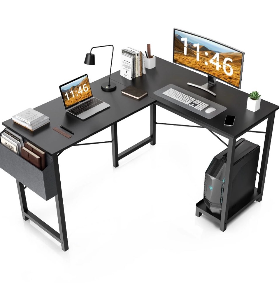 CONCETTA L Shaped Computer Desk with Wooden Desktop CPU Stand Side Bag Reversible, Black