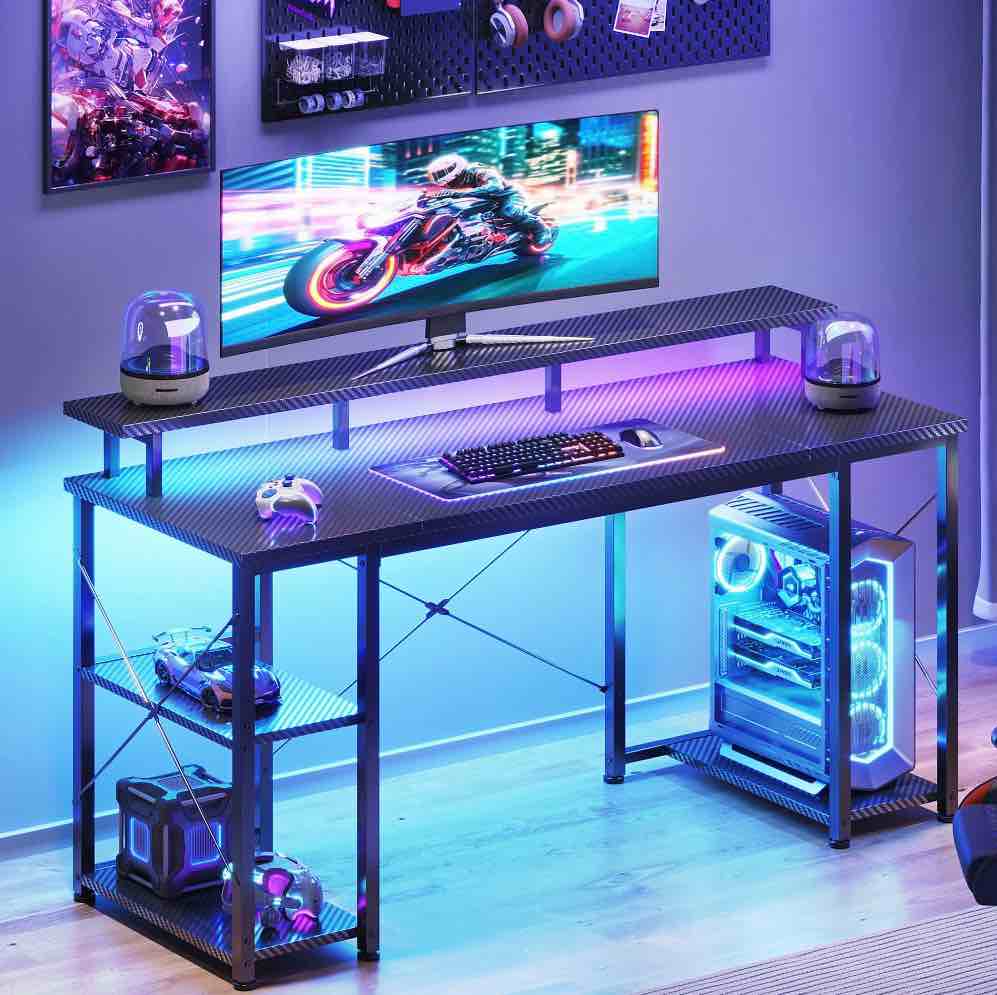 Casacomoda 48 inch Gaming Desk with LED Lights & Power Outlets, Computer Desk with Monitor Stand & Storage Sheves, CPU Stand, Home Office Desk, Black