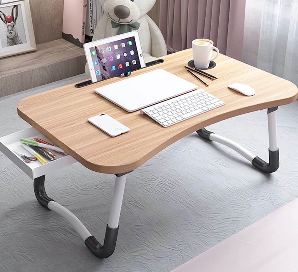 PHANCIR Foldable Lap Desk  23.6 Inch Portable Wood Laptop Desk Table Workspace Office Organizer Bed Sofa Tray with Slots/Cup Holder/Drawer  Anti-Slip for Reading Writing Eating Watching  Walnut