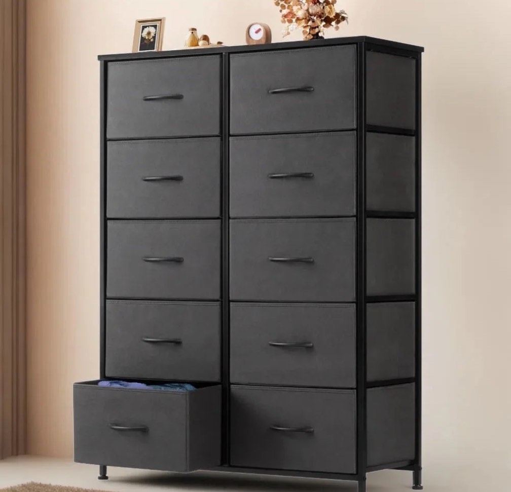 concetta dresser for bedroom with 10 fabric drawers, tall chest organizer, freestanding storage cabinet for adults, gray