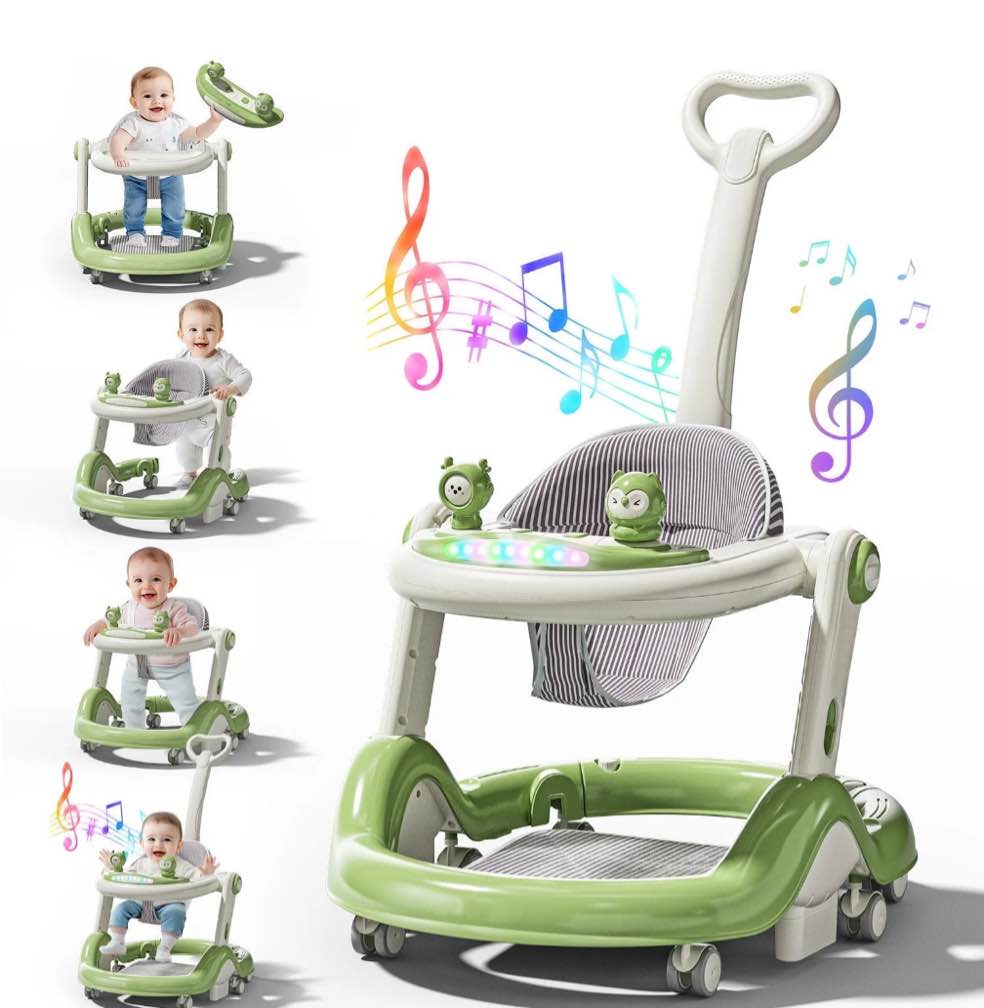 wonderstone 5 in 1 baby walker, foldable push walker with wheels, music & light, baby bouncer, baby activity center for boy girl 6-12 months (green)