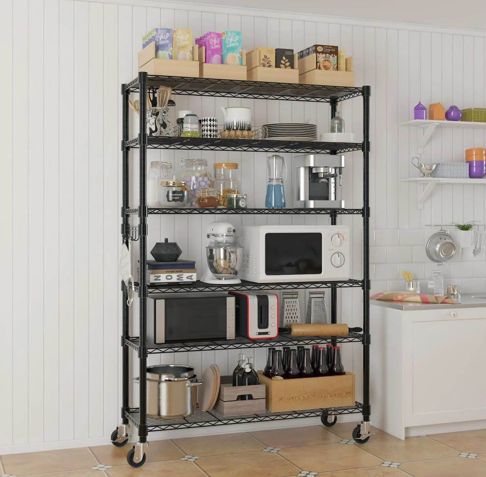 ktaxon 6 tier wire shelving with wheels 2400 lbs capacity,  heavy duty storage rack for home garage, 46"w x 18"d x 82"h adjustable shelves, black