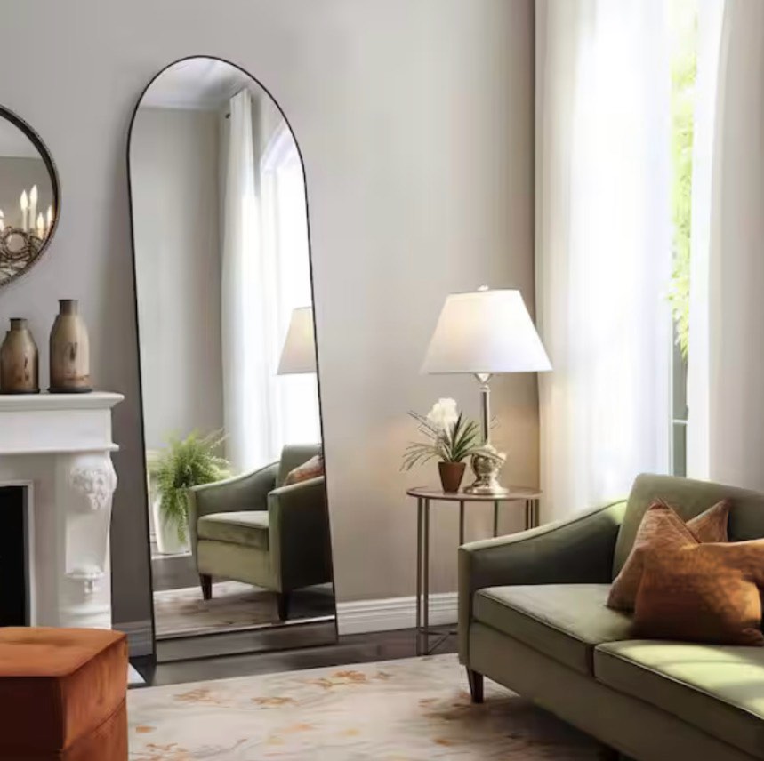 21 in. w x 64 in. h aluminium alloy frame black arched floor mirror with floor stand and wall mounted hooks