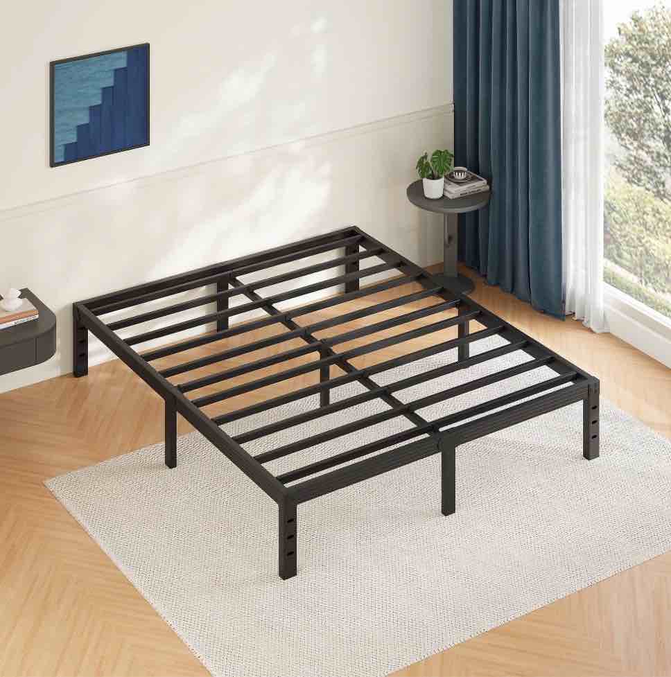fschos 14 inch queen size bed frame, heavy duty metal platform, no box spring needed, easy assembly, black