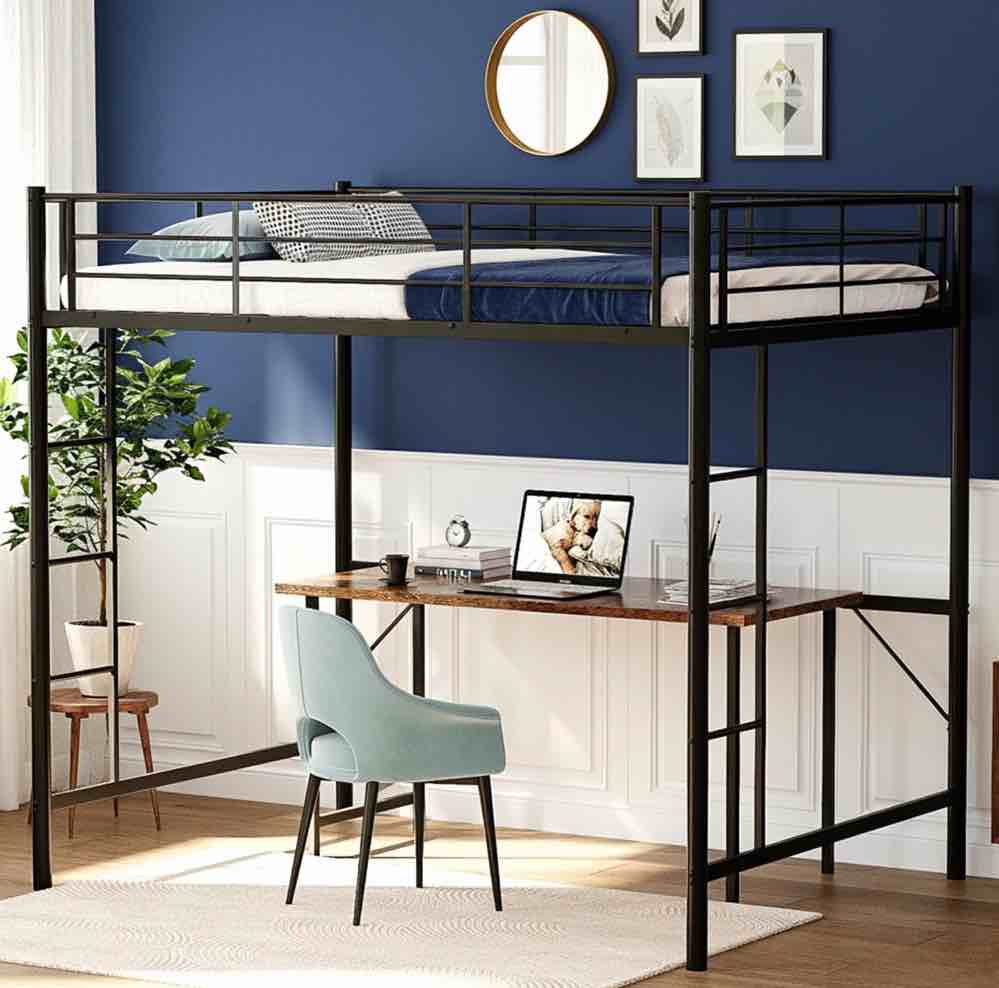 zimtown full loft bed with stairs metal single loft bunk bed with safety guard rails & 2 side ladder, black
