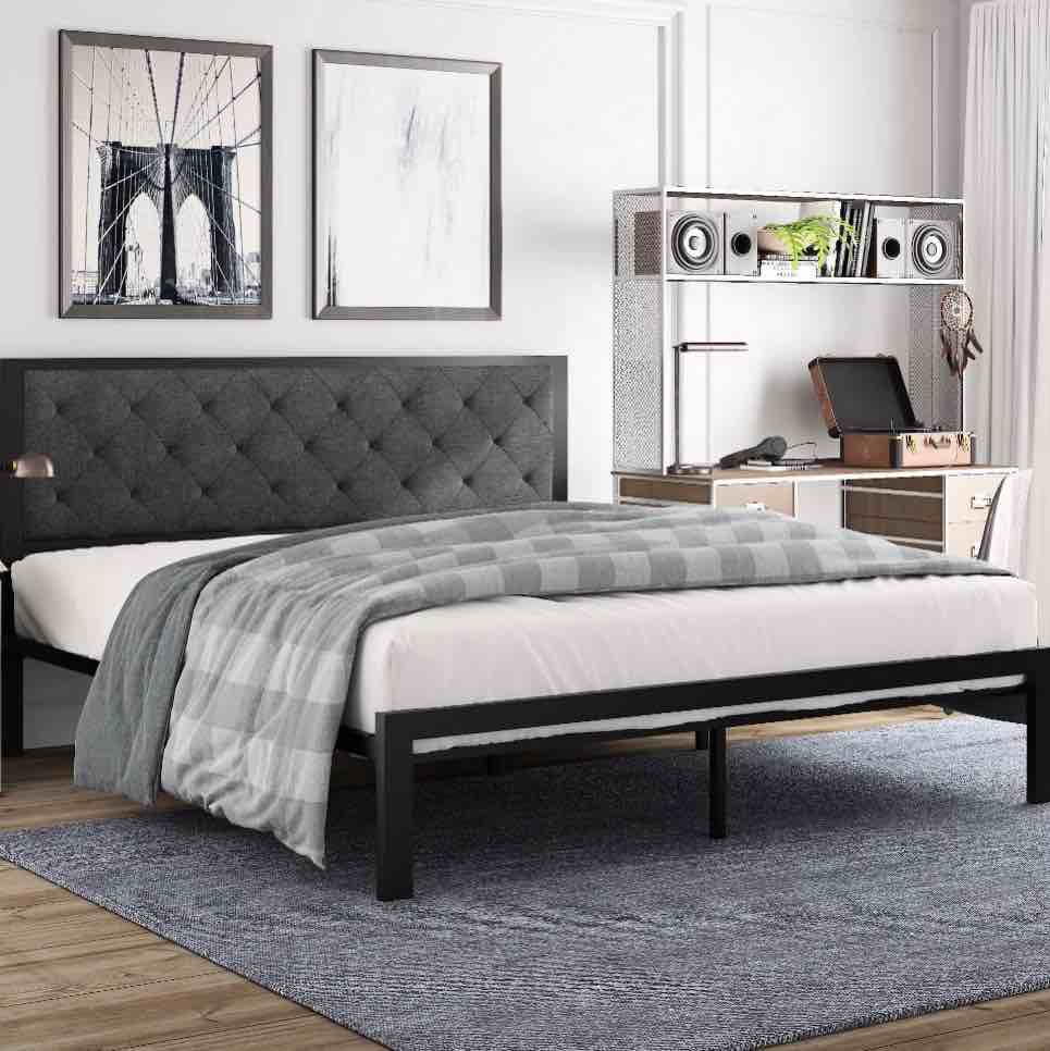Amolife King Size Metal Bed Frame with Upholstered Headboard, Dark Grey