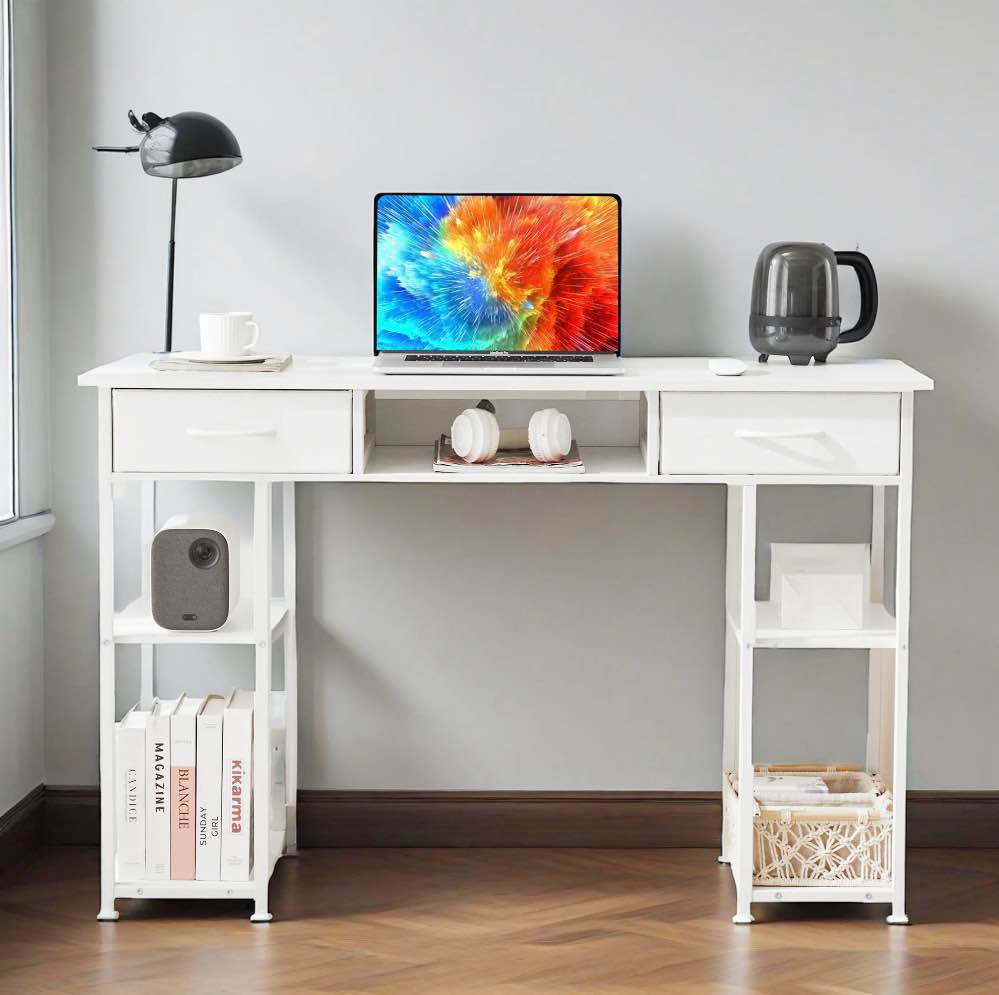  CONCETTA 48 inch Small Desk with Fabric Drawers & Storage Shelves, Computer Desk, Writing Desk for Home Office, Bedroom, White