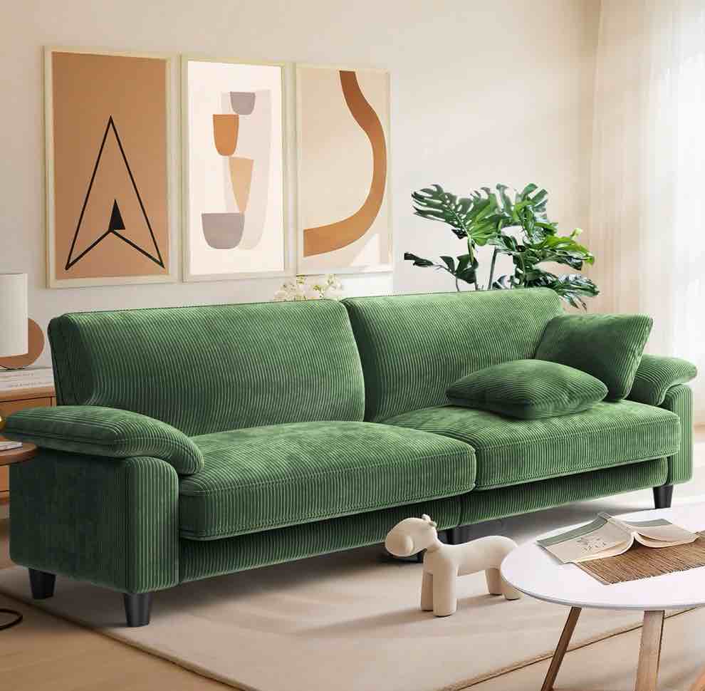 83" Corduroy Sofa,Loveseat Sofa with Extra Deep Seat Couches ,Comfy Upholstered Couch for Living Room,Tool-Free Setup with 2 Pillows,Green