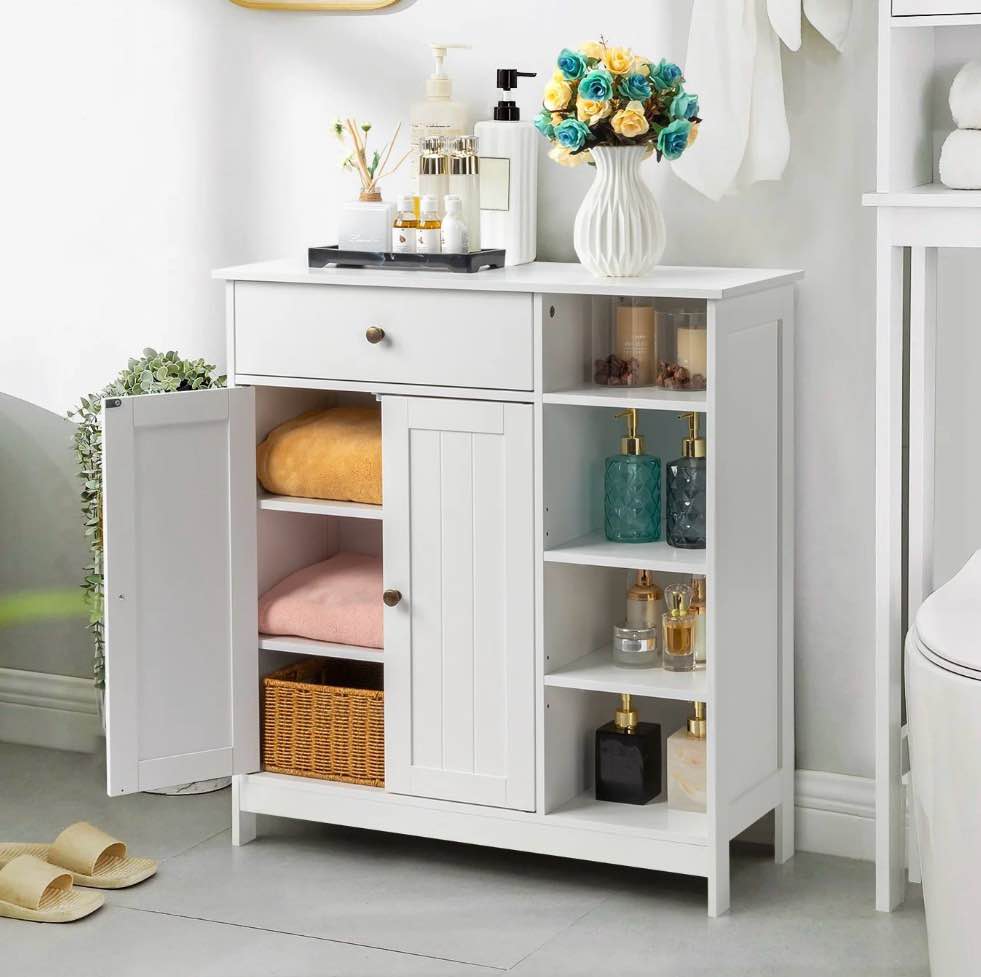 Ktaxon Bathroom Floor Cabinet, Freestanding Storage Cupboard w/ 2 Shelves& 1 Drawer & Three-layer Side Rack, MDF White