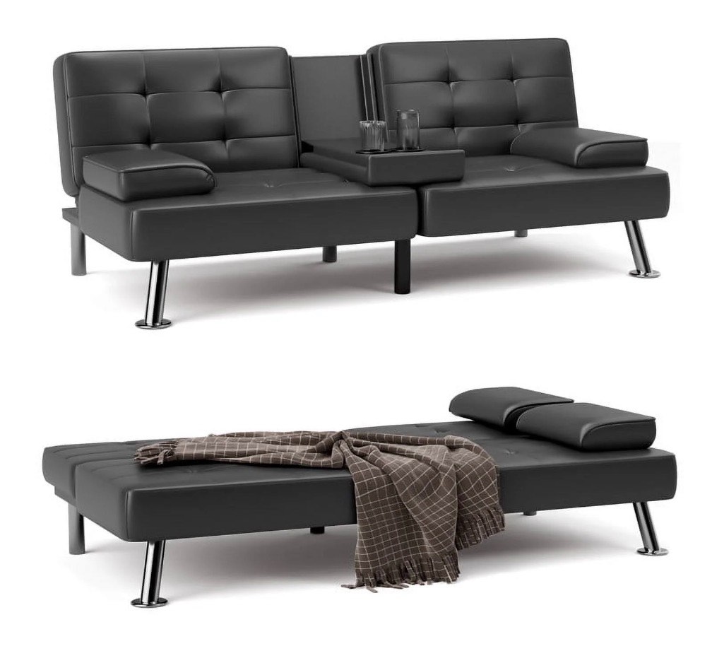 Furmax Futon Sofa Bed Convertible Folding Faux Leather Couch with 2 Cup Holders,Black