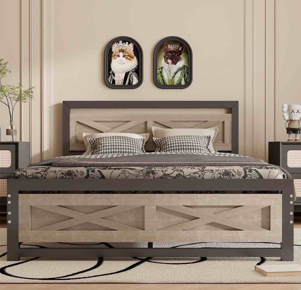 Behost Twin Bed Frame with Headboard and Underbed Storage, Metal Wood Platform Bed Frame Twin, No Box Spring Needed