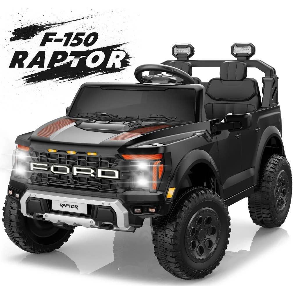 24V Ride on Cars 2 Seater for Kids, Ford F150 Raptor Battery Powered Ride on Toys Truck with Remote Control, 4 Wheels Spring Suspension, Electric Car for Kids Toddler 3-8 w/Bluetooth & Lights, Black