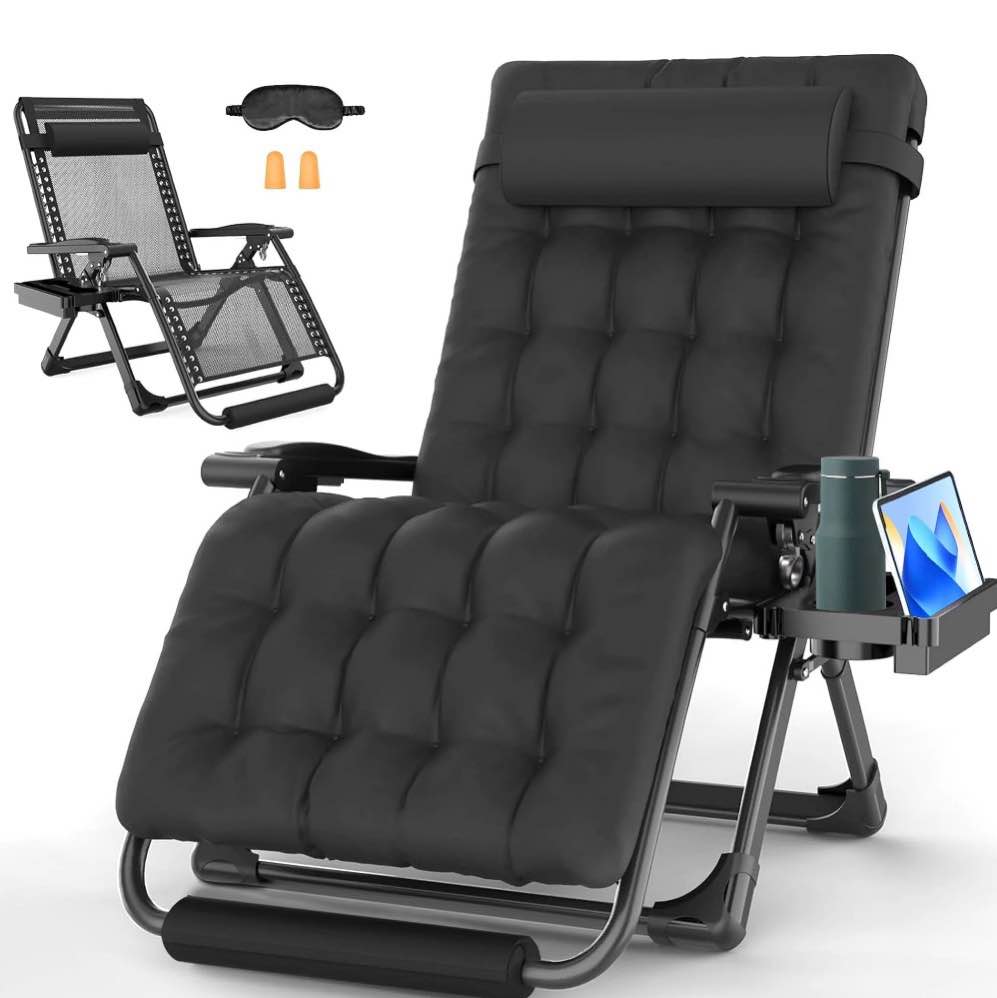 GVDV Oversized Zero Gravity Chair, 33In XXL Lounge Chair 500lbs Capcity with Removable Thick Cushion, Lawn Patio Reclining Chair Upgraded Alloy Lock and Cup Holder, for Indoor Outdoor, Black