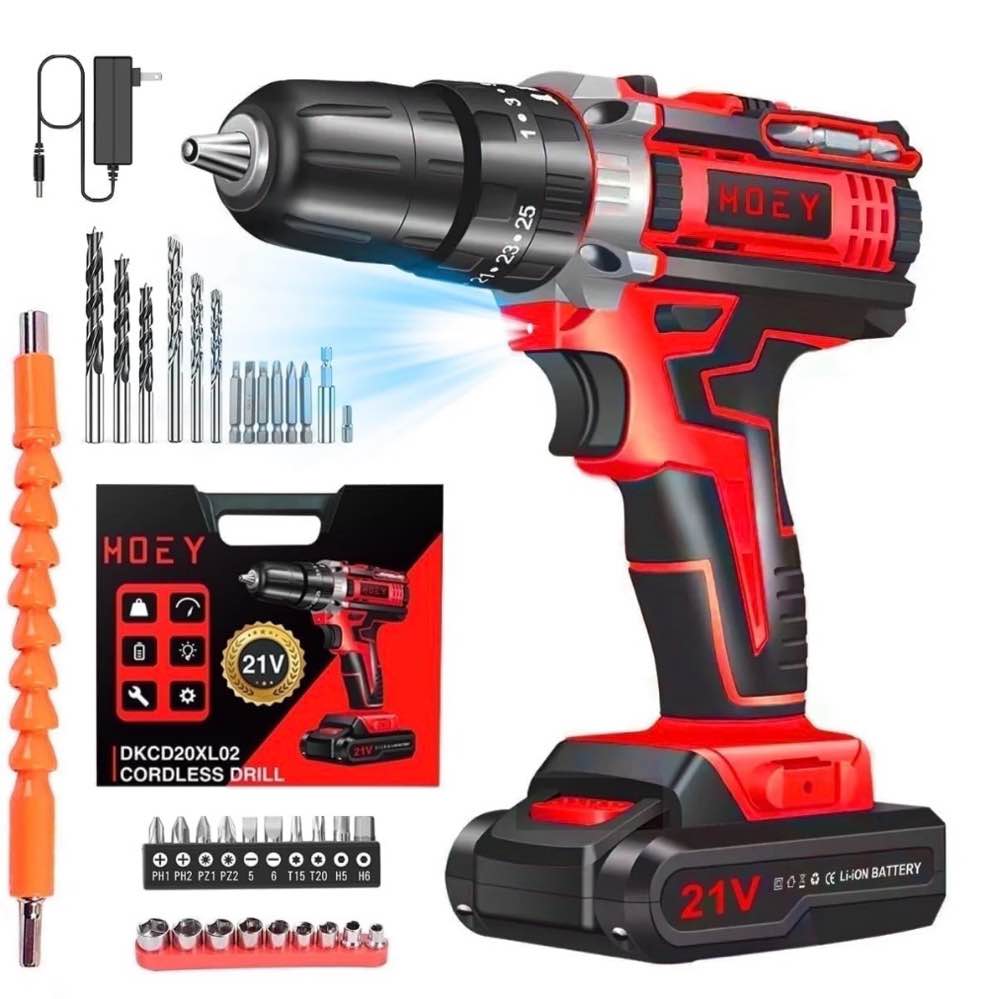 21v cordless drill set,electric power drill 34pcs with 3/8 inch keyless chuck, 25+3 clutch compact driver drill with work light, max torque 45nm, 2-variable speed & battery and fast charger