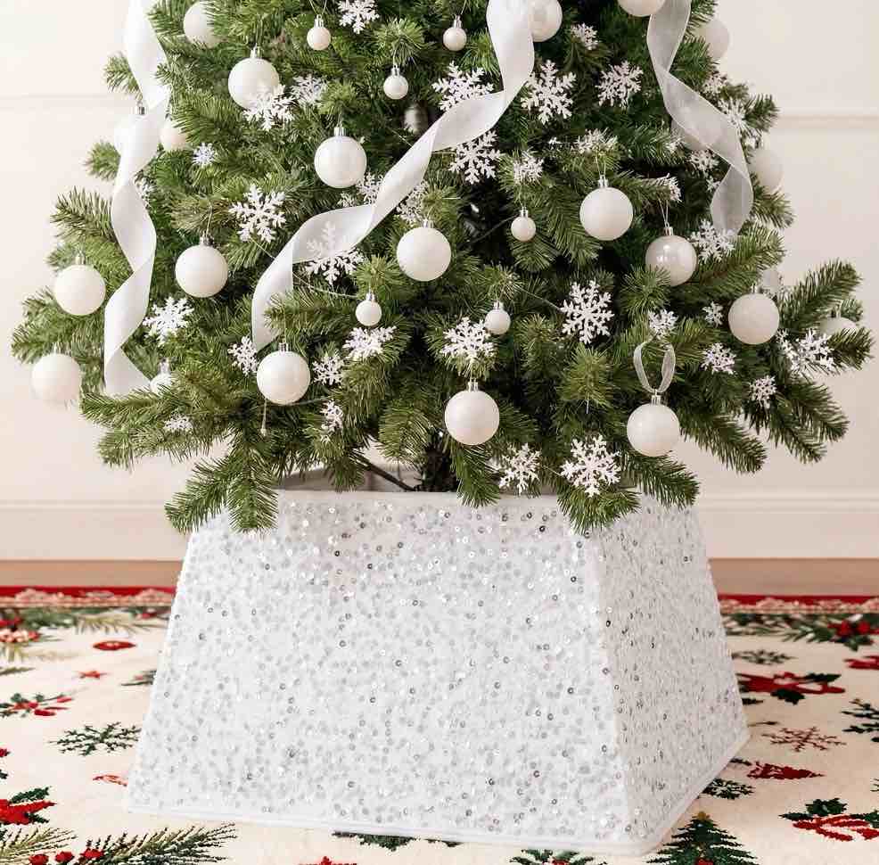 24" white sequin christmas tree collar - 4-piece set, sparkling stand cover for festive decor