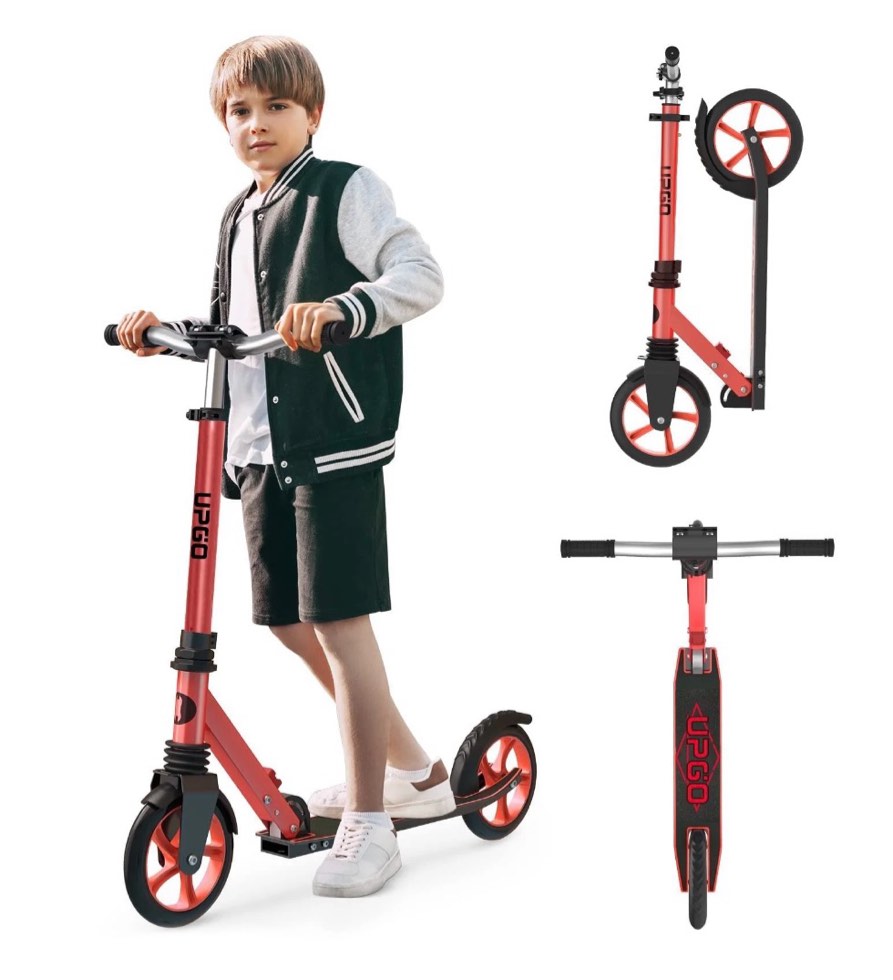 upgo kick scooter for ages 6+, kids, teens & adults, 240 lb max load, foldable, 8-inch wheels,red