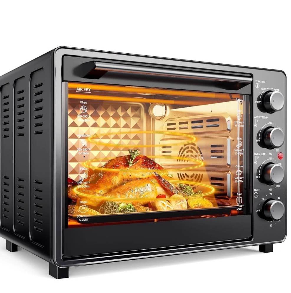 34 qt super-large  air fryer, oil-less air fryer toaster oven combo with pizza, warm, broil, toast, bake, air fry, 5  functions - black