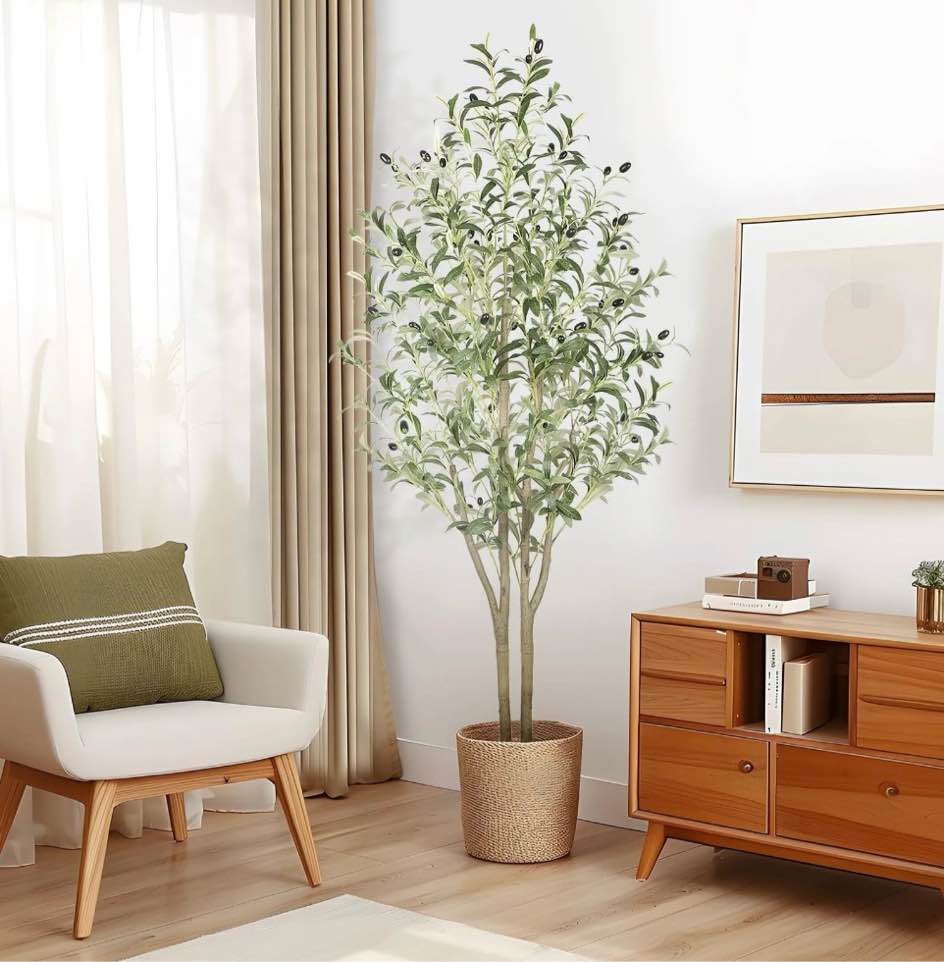 5ft artificial olive tree indoor, silk fake potted tree with natural wood trunk & lifelike fruits, faux plant for modern home office living room floor decor