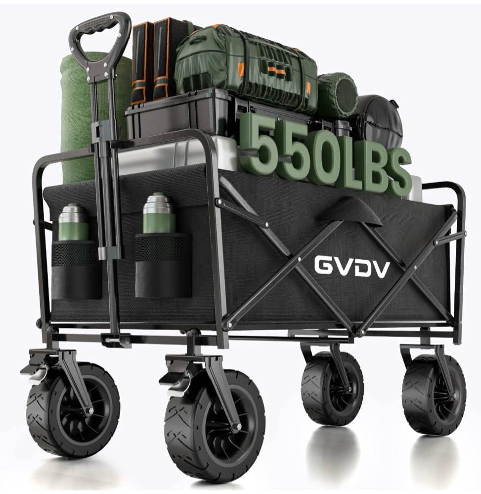 gvdv collapsible folding wagon, 550lbs large heavy duty utility cart with all-terrain wheels and adjustable handles for shopping, camping, sports, outdoor, beach, black