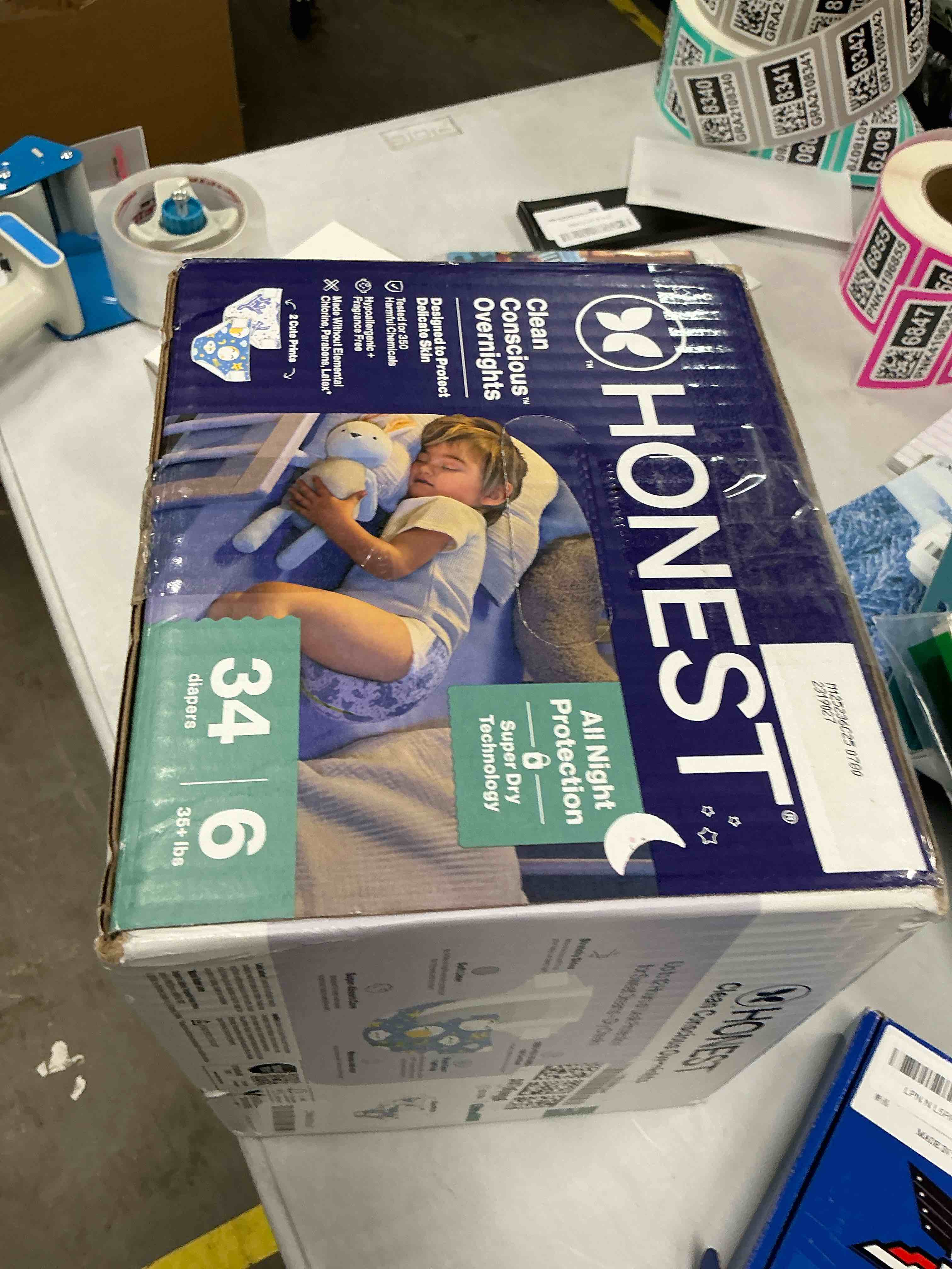 Condition photo showing New/Like New for The Honest Company Clean Conscious Overnight Diapers for Sensitive Skin Hypoallergenic Fragrance-Free Baby Cozy Cloud and Star Signs Design Club Box Size 6 (35 lbs) 34 Count Size 6 34