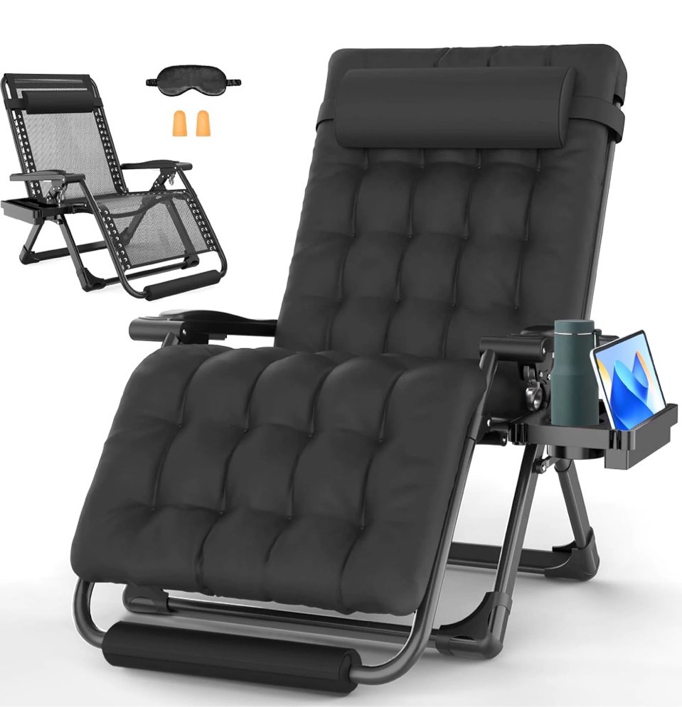 gvdv oversized zero gravity chair, 33in xxl lounge chair 500lbs capcity with removable thick cushion, lawn patio reclining chair upgraded alloy lock and cup holder, for indoor outdoor, black