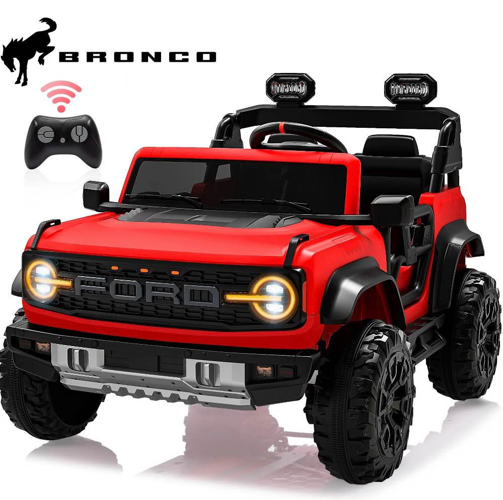 24v 2 seater ride on cars, licensed ford bronco raptor powered ride on toys truck , 4 wheels spring suspension, bluetooth, led light, electric cars for kids ages 3-8 gifts, red