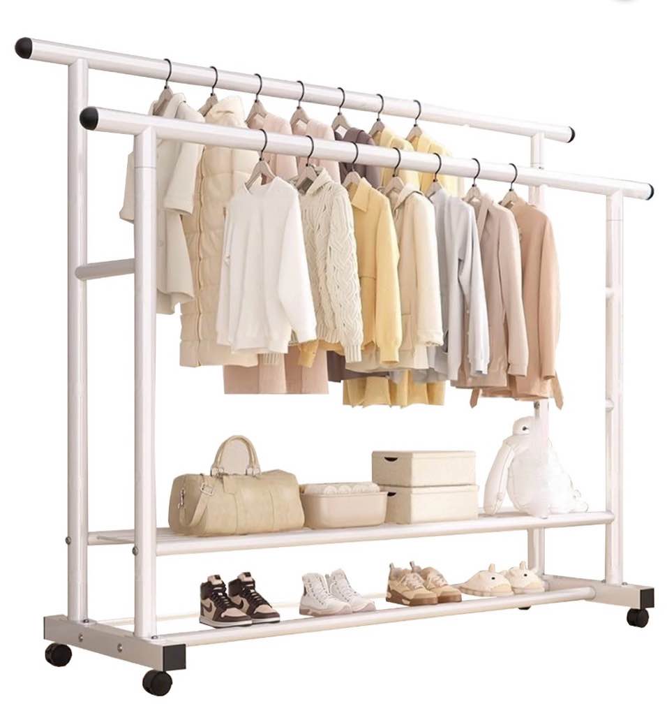 susuzi double rods garment rack with wheels  2 tier clothing rack for hanging clothes