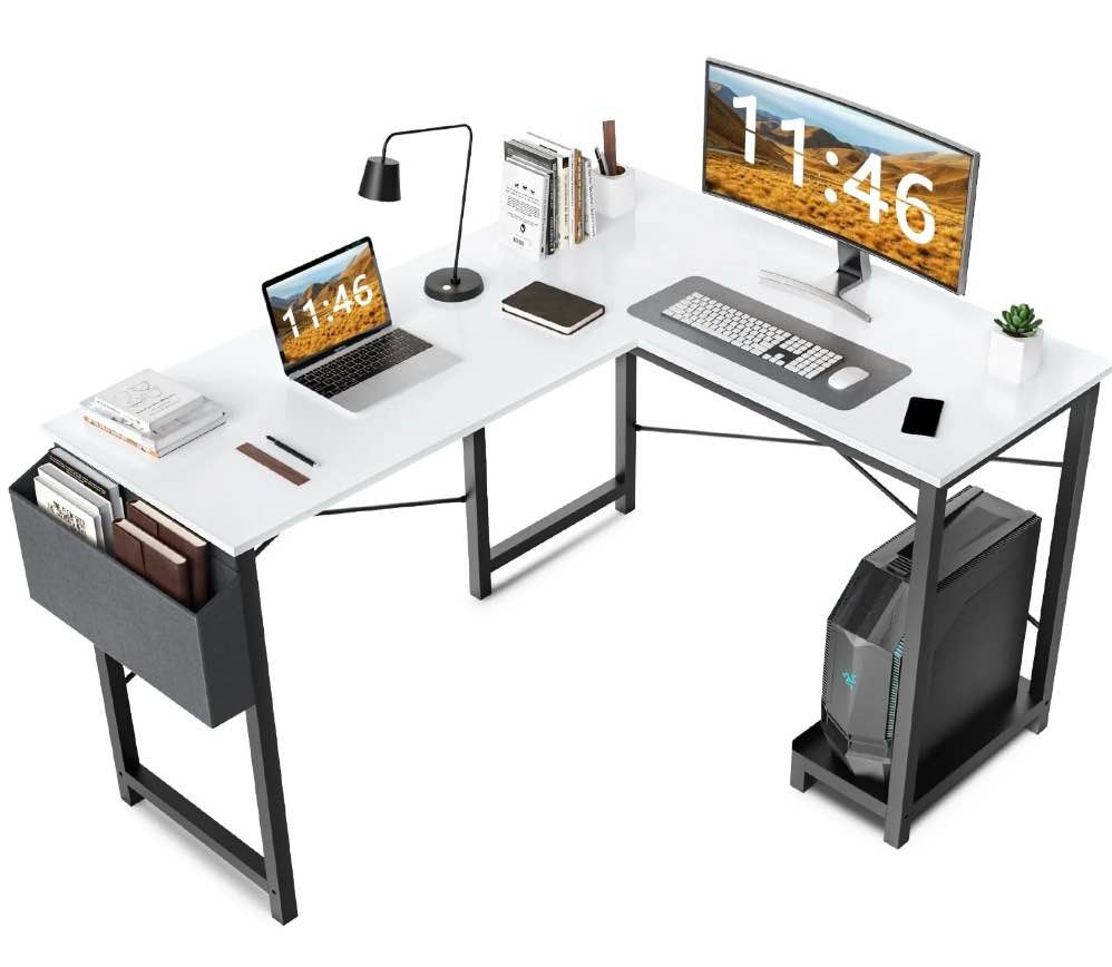 concetta l shaped computer desk with wooden desktop cpu stand side bag reversible, white